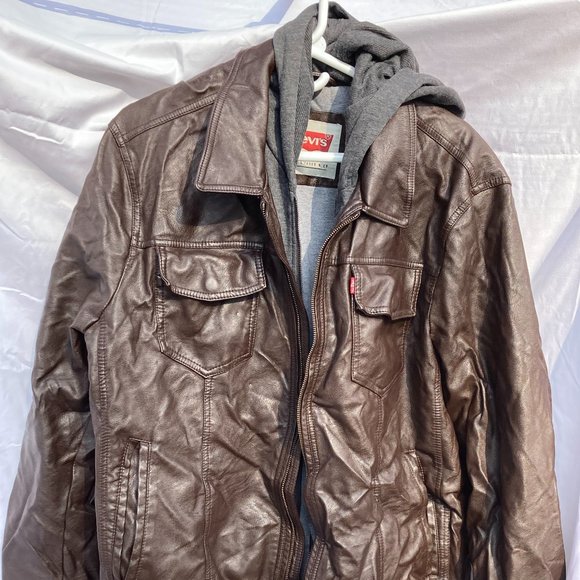 LEVI'S Men's FAUX LEATHER JACKET Lined Brown XXL with Hoodie